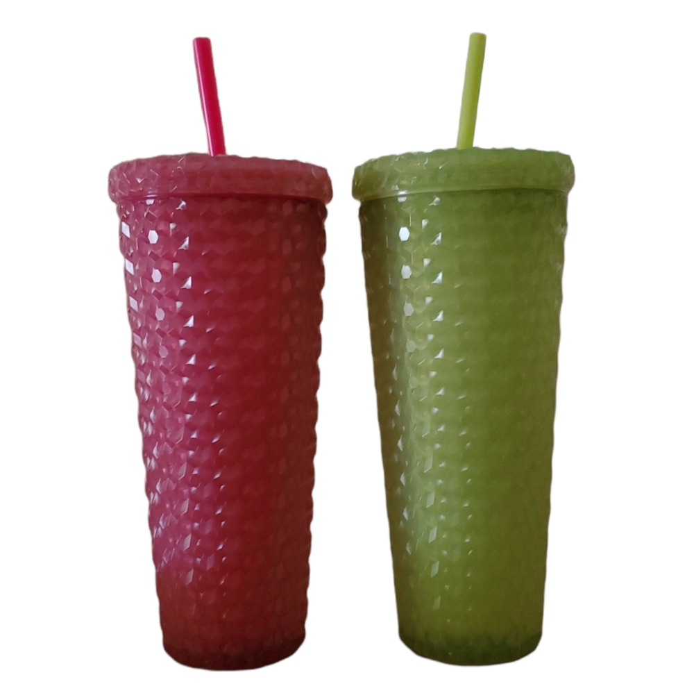 2 26 oz Travel Tumbler Double Walled Diamond Textured Studded Acrylic Straw